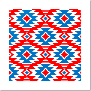 Tribal Aztec Native Ornament - White Medium Cyan Blue Red - Ethnic Amulet Boho Pattern Posters and Art